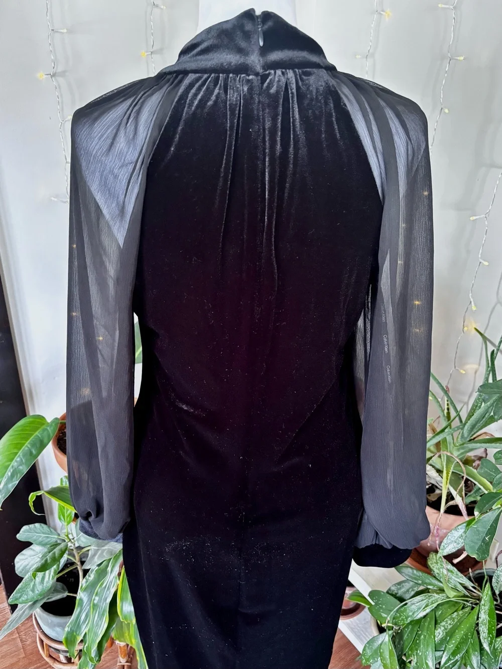 Calvin Klein Velvet Shift Dress Sheer Sleeves NWT Black Mock Neck Dress